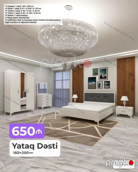 Yataq dəsti – 160×200 sm Komplektin tərkibi və ölçülər: - Çarpayı: 1 — Bakı