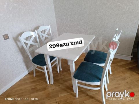 Ağ rəngdə yemək masası və 4 ədəd stul dəsti. Xüsusiyyətlər: - Forma — Mehdiabad