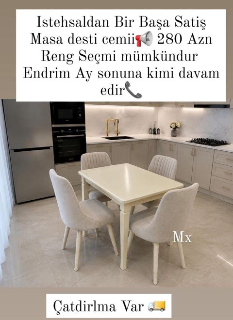 Mətbəx üçün zərif masa dəsti - Dəst: 1 masa + 4 stul - Dizayn — Bakı