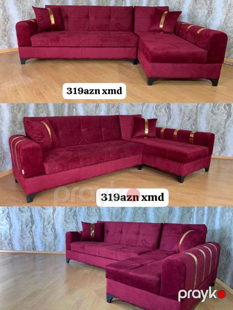 Bordo rəngli L‑şəkilli künc divanı - Yumşaq, məxməri/parça üzlük — Bakı