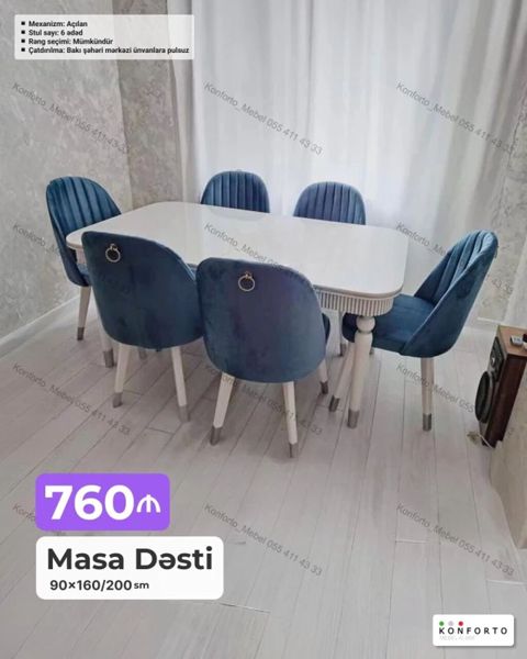 Məhsul: Masa dəsti - Masa ölçüləri: 90×160/200 sm (açılan mexanizmli — Bakı