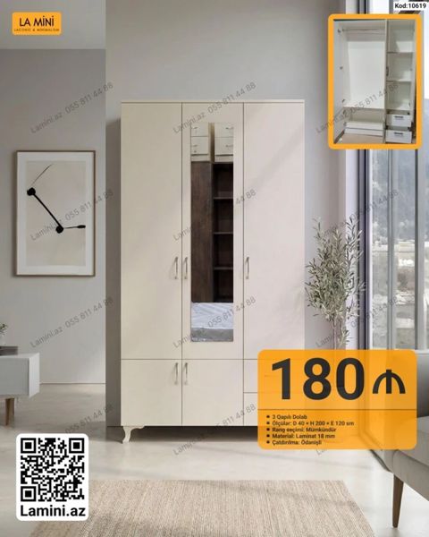 3 qapılı dolab - Ölçülər: Dərinlik 40 sm Hündürlük 200 sm En 120 — Bakı
