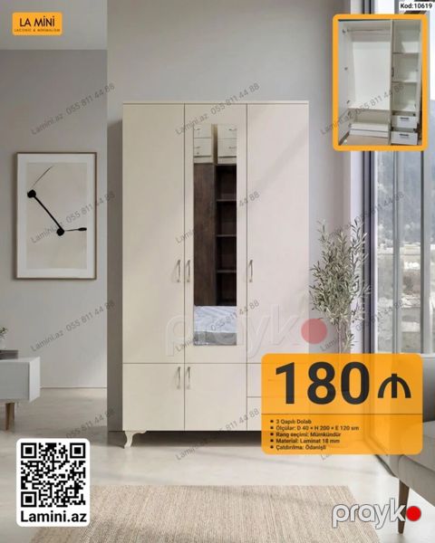 3 qapılı dolab - Ölçülər: Dərinlik 40 sm Hündürlük 200 sm En 120 — Bakı