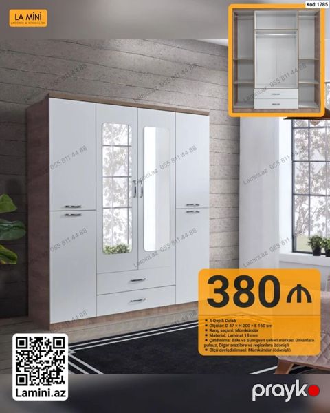 4 qapılı dolab – Kod: 1785 - Ölçü: D 47 H 200 E 160 sm (ölçü — Bakı