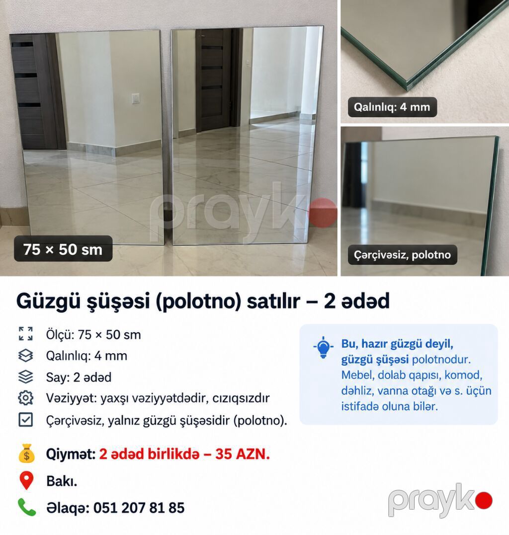 Güzgü şüşəsi (polotno) satılır — 2 ədəd. Ölçü: 75 50 sm Qalınlıq: 4 — Mebel, Bakı (2)