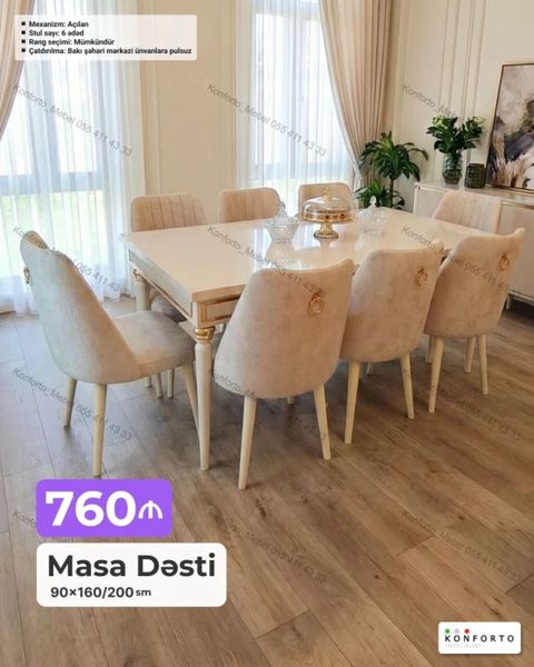 Məhsul: Masa Dəsti - Masa ölçüsü: 90×160/200 sm (açılan mexanizmli) — Bakı