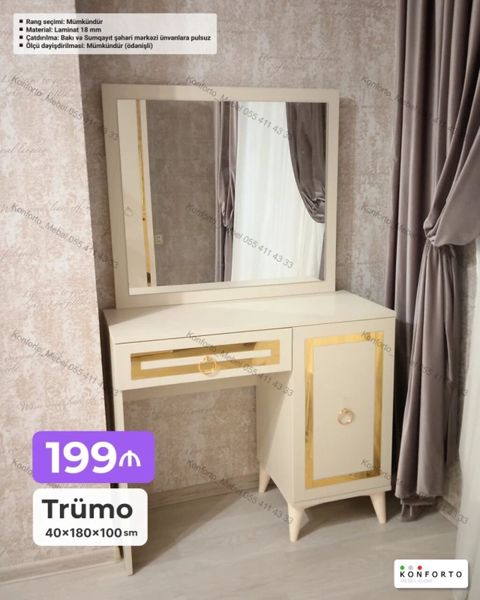 Trümo – zərif dizaynlı makiyaj masası və güzgü dəsti - Ölçü: 40 180 — Bakı