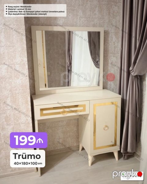 Trümo – zərif dizaynlı makiyaj masası və güzgü dəsti - Ölçü: 40 180 — Bakı