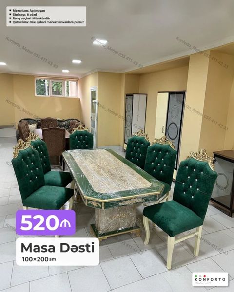 Məhsul: Masa dəsti Ölçü: 100×200 sm Komplekt: 1 ədəd masa + 6 ədəd — Bakı