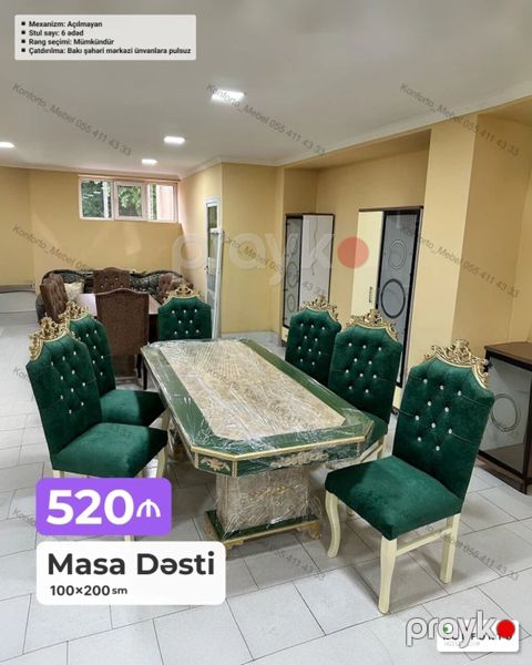Məhsul: Masa dəsti Ölçü: 100×200 sm Komplekt: 1 ədəd masa + 6 ədəd — Bakı