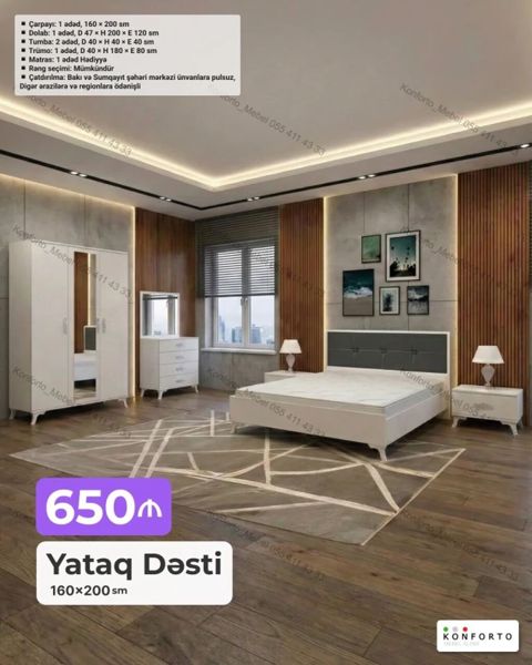 Yataq Dəsti – 160×200 sm Tərkibi: - Çarpayı: 1 ədəd, 160 200 sm — Bakı