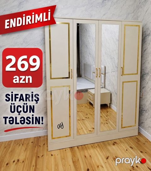 Məhsul: 4 qapılı qarderob şkaf - Rəng: krem-bej tonlarında, qızılı — Bakı