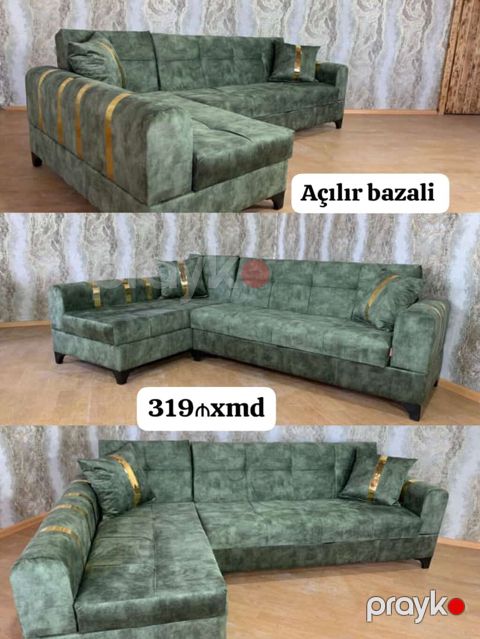 Yaşıl rəngli L formalı künc divan - Açılır-bazalı model: gündəlik — Bakı