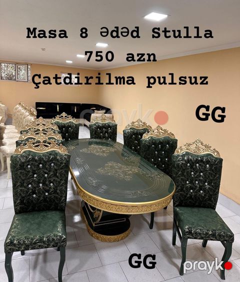 Zərif klassik üslubda yemək dəsti: - 1 ədəd oval masa + 8 ədəd stul