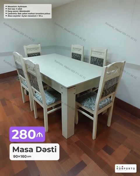Masa Dəsti – 90×160 sm Xüsusiyyətlər: - Komplekt: 1 masa + 6 stul — Bakı