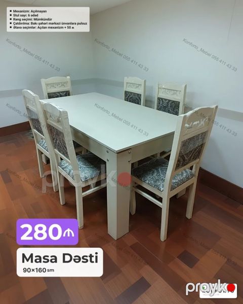 Masa Dəsti – 90×160 sm Xüsusiyyətlər: - Komplekt: 1 masa + 6 stul — Bakı