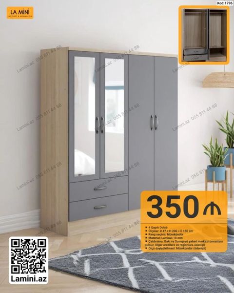4 qapılı şkaf – Kod: 1796 - Ölçülər: D 47 x H 200 x E 160 sm - Rəng — Bakı