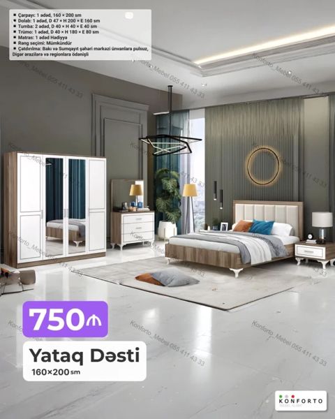 Yataq Dəsti – 160×200 sm Dəst tərkibi və ölçülər: - Çarpayı: 1 ədəd — Bakı