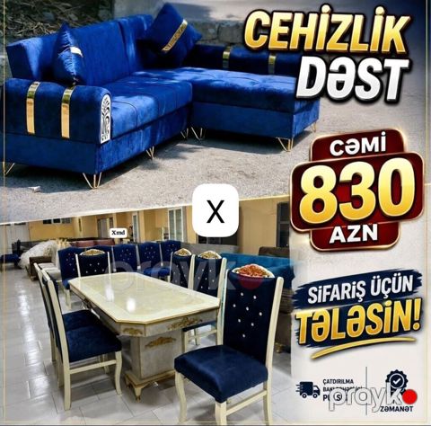 Cehizlik dəst – mavi məxmər dizayn Dəst tərkibi: - Künc divan: dərin — Bakı