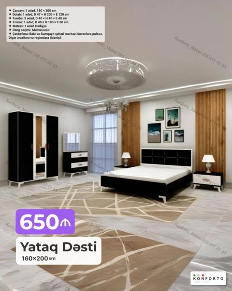 Yataq Dəsti – 160×200 sm Komplekt: - Çarpayı: 1 ədəd, 160×200 sm — Bakı