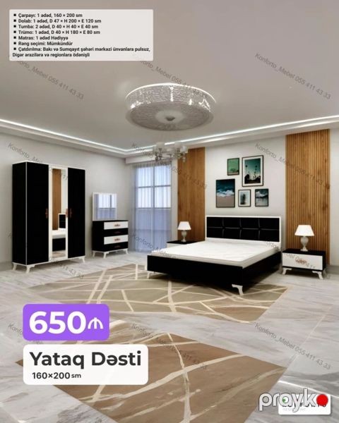 Yataq Dəsti – 160×200 sm Komplekt: - Çarpayı: 1 ədəd, 160×200 sm — Bakı