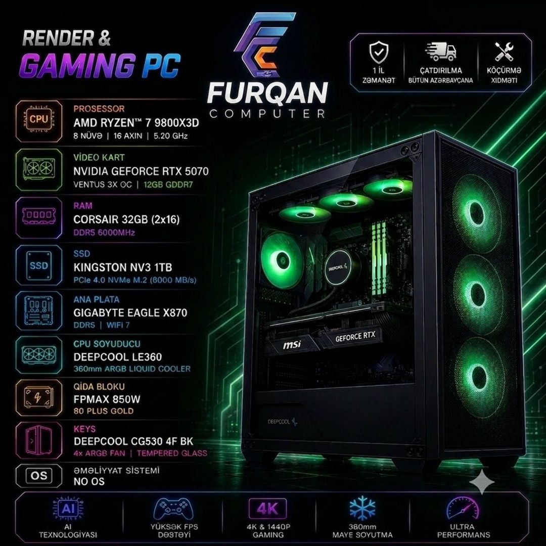 Render ve Gaming PC Ryzen 7 9800X3D 5.20 GHZ RTX 5070 12GB SSD 1TB NVMe M.2 RAM 32GB DDR5 — Masaüstü kompüterlər, Bakı