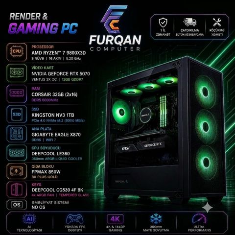 Render ve Gaming PC Ryzen 7 9800X3D 5.20 GHZ RTX 5070 12GB SSD 1TB NVMe M.2 RAM 32GB DDR5 — Bakı