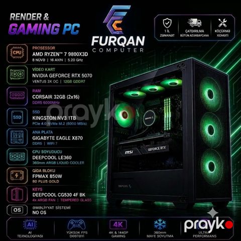 Render ve Gaming PC Ryzen 7 9800X3D 5.20 GHZ RTX 5070 12GB SSD 1TB NVMe M.2 RAM 32GB DDR5 — Bakı
