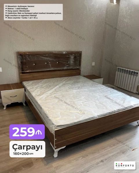 Çarpayı – 160×200 sm Korpus: taxta dekorlu, ağ ayaqlı klassik — Bakı