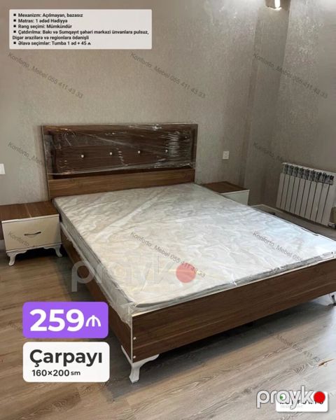 Çarpayı – 160×200 sm Korpus: taxta dekorlu, ağ ayaqlı klassik — Bakı