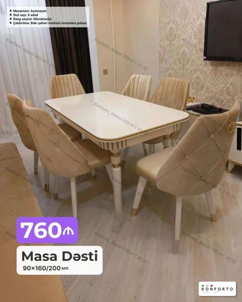 Məhsul: Masa dəsti - Ölçü: 90×160/200 sm - Mexanizm: Açılmayan - Stul — Bakı