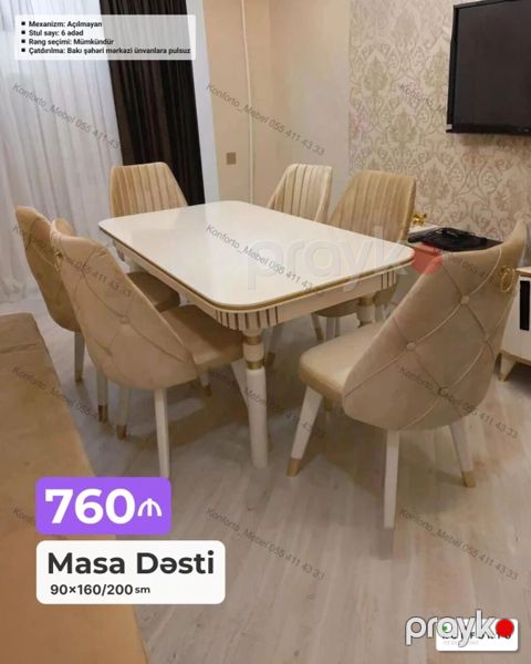 Məhsul: Masa dəsti - Ölçü: 90×160/200 sm - Mexanizm: Açılmayan - Stul — Bakı