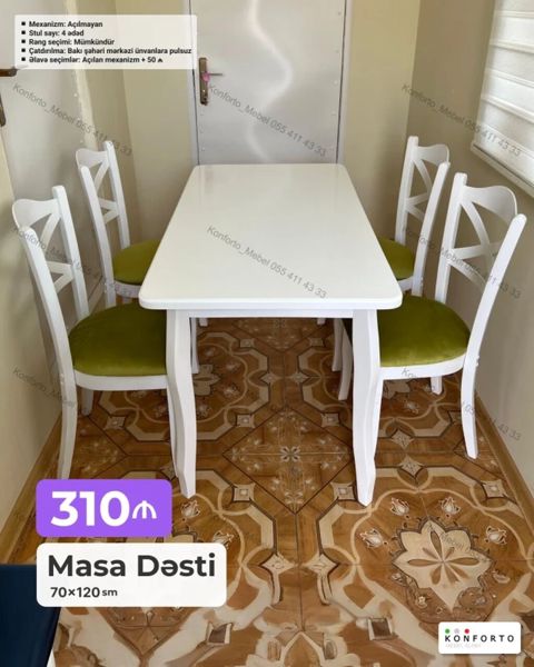 Masa Dəsti – 70×120 sm Tərkib: 1 ədəd stol + 4 ədəd stul — Bakı