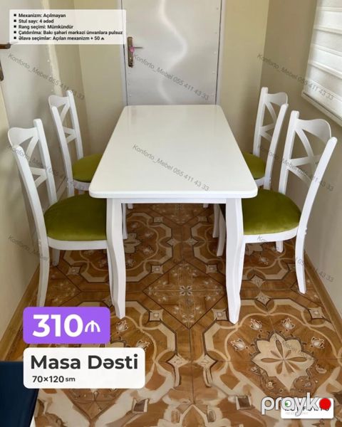 Masa Dəsti – 70×120 sm Tərkib: 1 ədəd stol + 4 ədəd stul — Bakı