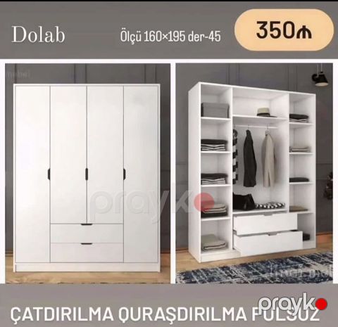 Ağ rəngli paltar dolabı - Ölçü: 160 195 sm, dərinlik 45 sm - 4 — Bakı