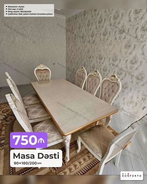 Masa Dəsti – 750₼ - Ölçü: 90×160/200 sm - Mexanizm: Açılan (uzadıla — Bakı