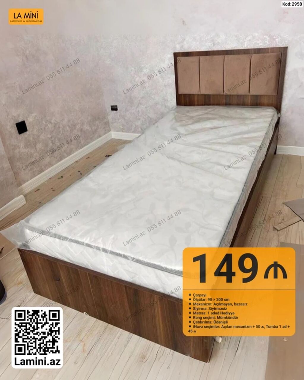 LA Mını tək nəfərlik çarpayı - Ölçü: 90 200 sm - Mexanizm — Yataqlar, Bakı (3)