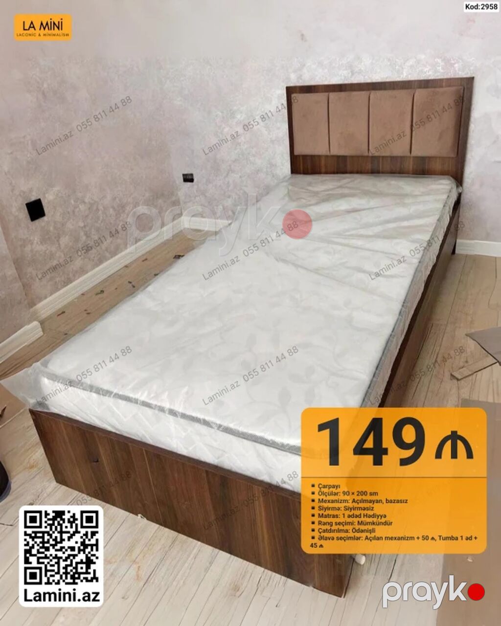 LA Mını tək nəfərlik çarpayı - Ölçü: 90 200 sm - Mexanizm — Yataqlar, Bakı (3)