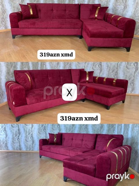 Künc divanı – bordo rəngdə, yumşaq məxməri parça. Minimalist, müasir — Bakı