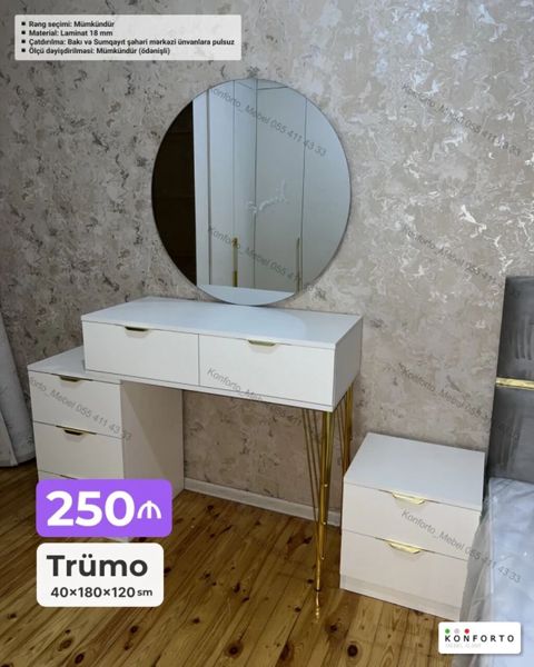 Trümo dəsti – 40×180×120 sm - Modern dizaynlı ağ trümo, dairəvi güzgü — Bakı