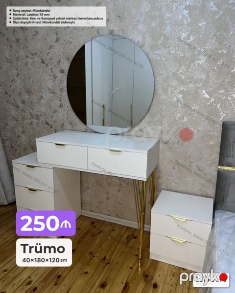 Trümo dəsti – 40×180×120 sm - Modern dizaynlı ağ trümo, dairəvi güzgü — Bakı