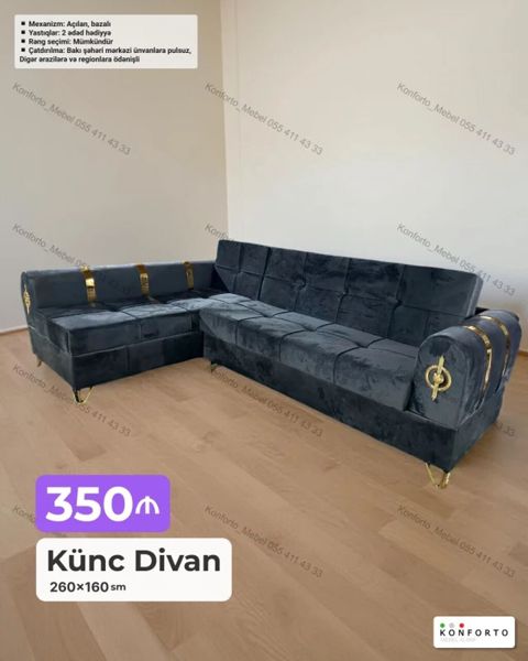 Künc divan – 260×160 sm - Mexanizm: açılan, bazalı (yataq funksiyalı) — Bakı