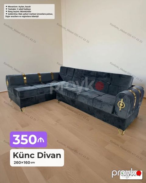 Künc divan – 260×160 sm - Mexanizm: açılan, bazalı (yataq funksiyalı)