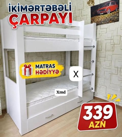 İkimərtəbəli çarpayı - Rəng: ağ - Üst-üstə iki yataq yeri - Yan — Bakı