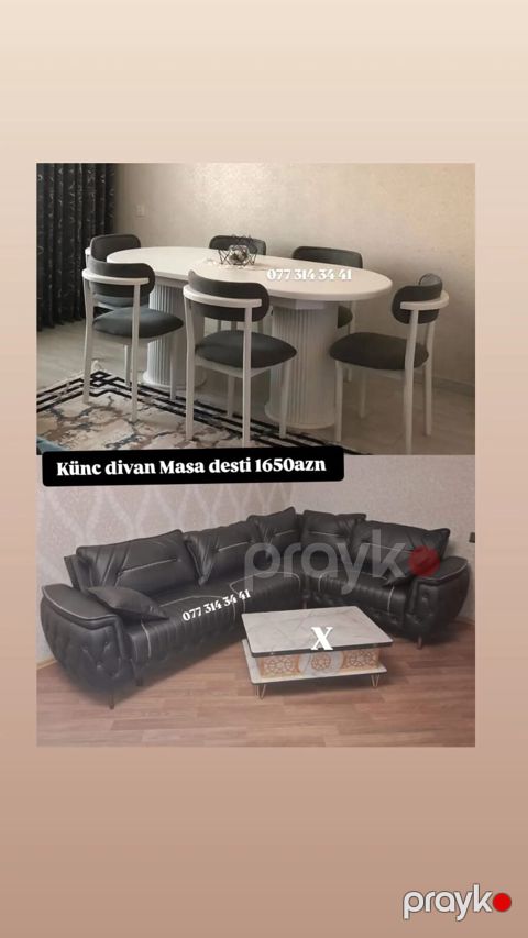 Künc divan + Masa dəsti - Künc divan: qara rəngli, yumşaq oturacaq və — Bakı