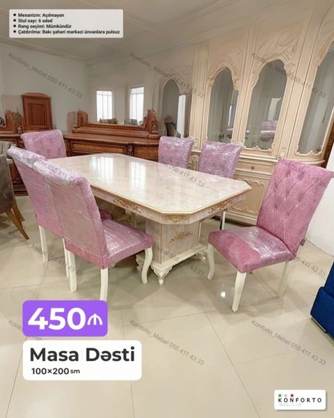 Masa dəsti – 100×200 sm - Klassik üslublu iri yemək masası və 6 ədəd — Bakı