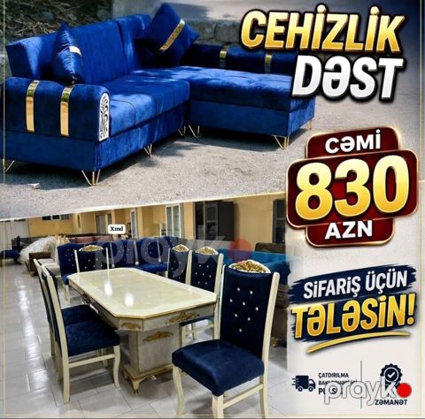 Cehizlik Dəst - Zərif dizaynlı mebel komplekti: künc divan və yemək — Bakı