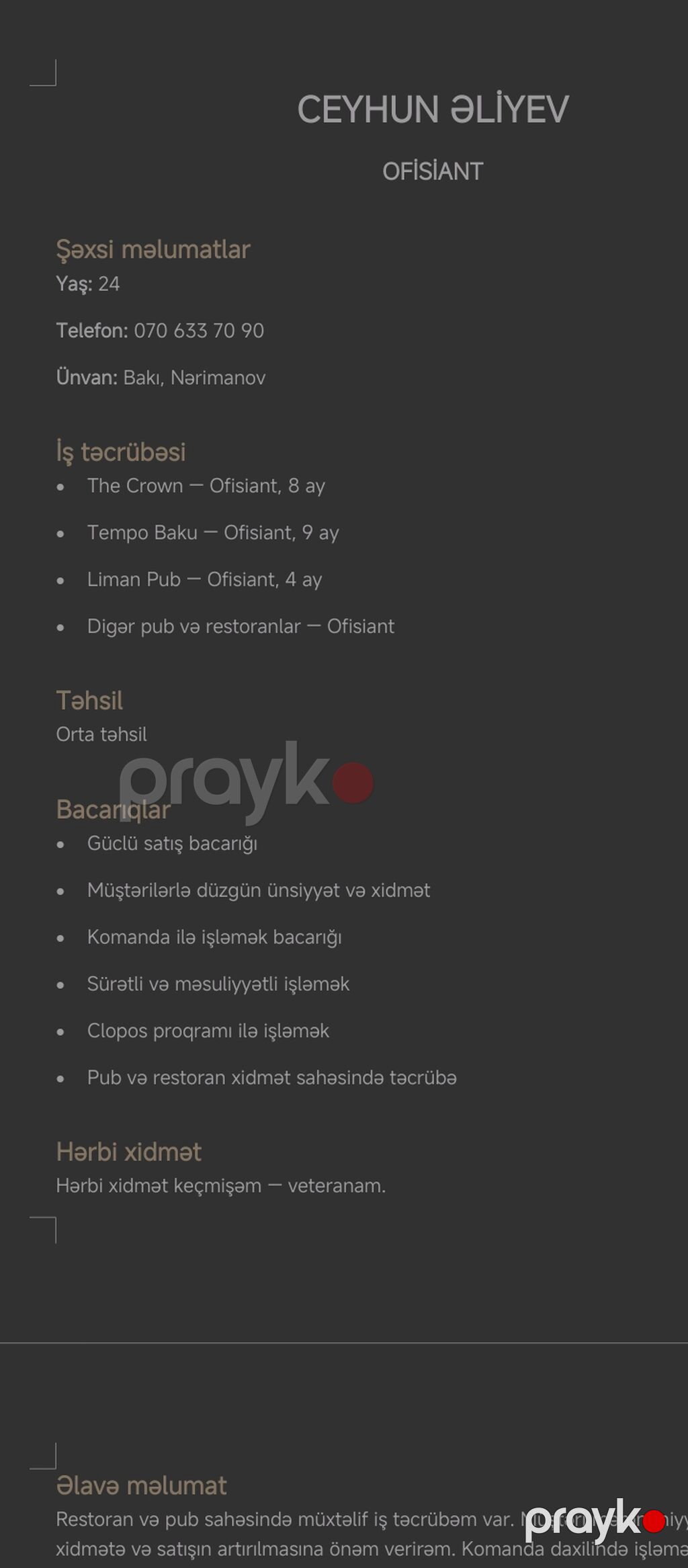Ofisiant, Kişi, 24 yaş, 1-2 illik təcrübə — Restoranlar, turizm, Bakı (2)