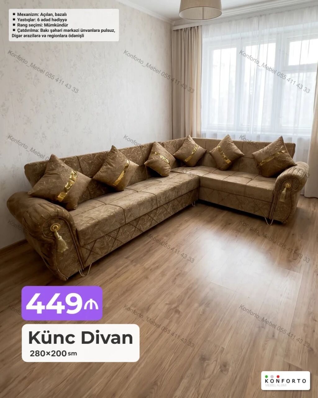 Künc Divan – 280×200 sm – Mexanizm: açılan, bazalı (yataq funksiyalı — Divanlər, Bakı