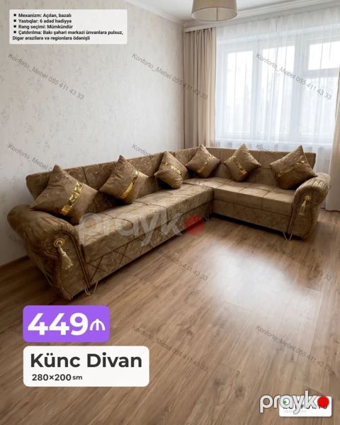 Künc divan – 280×200 sm - Mexanizm: açılan, baza ilə - Komplekt: 6 — Bakı